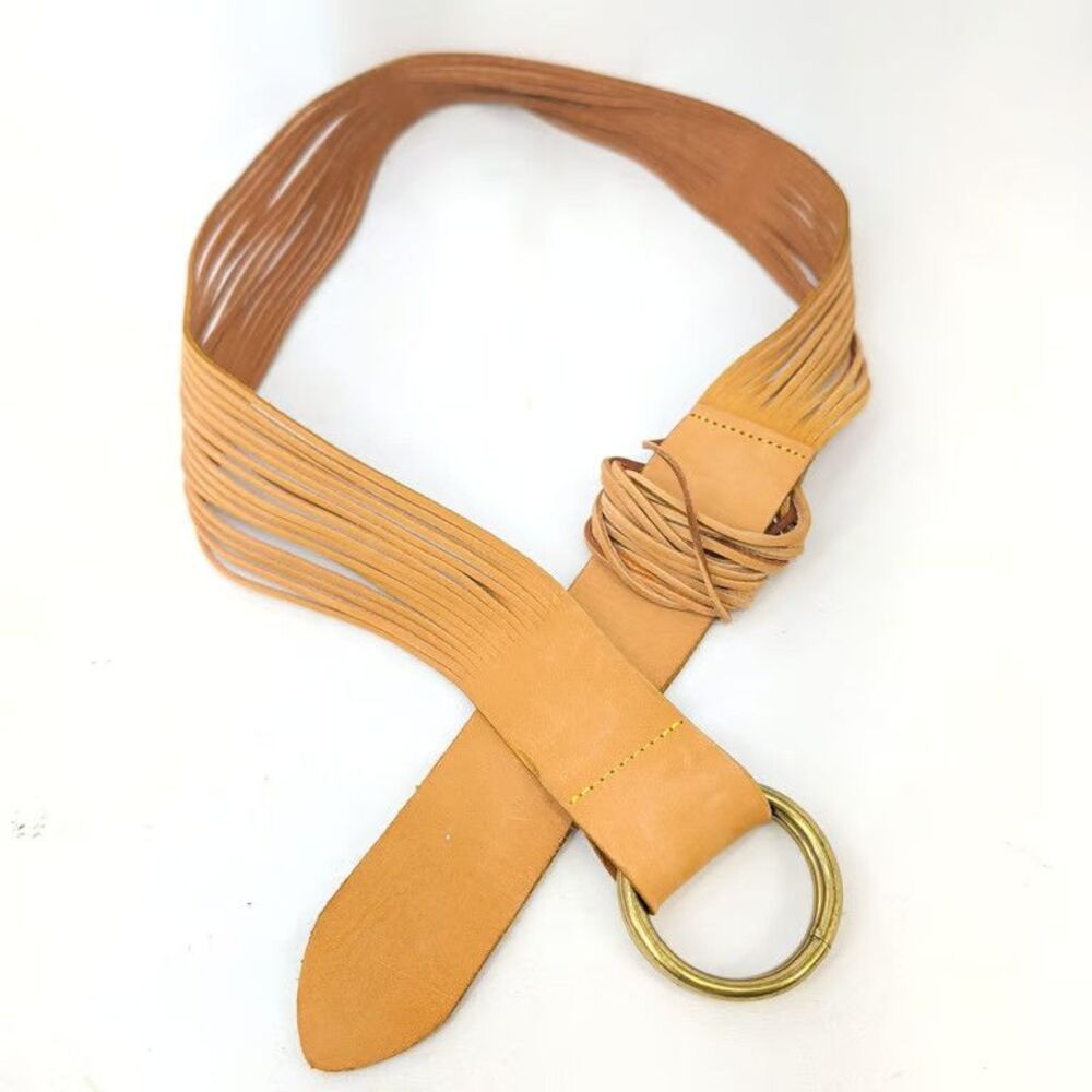 Anthropologie Womens Tan Leather Fringe Belt Boho Multi Strand Wrap O-Ring M/L